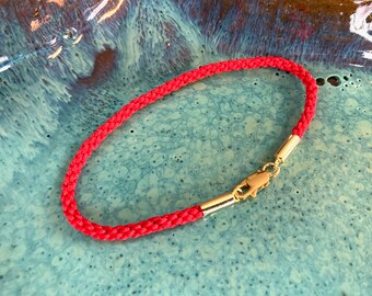 SALE:   This One Only--Thicker Red Silk Cord Bracelet with Gold Vermeil Lobster Clasp and End Caps