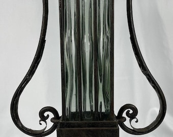 1930's Vintage French Art Deco Glass Vase Set In a Wrought Iron Stand Antique