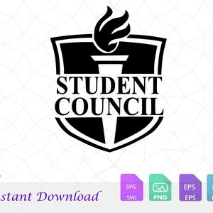 May include: Black and white Student Council logo with a torch icon atop a shield shape. The words "STUDENT COUNCIL" are centered within the shield. The phrase "Instant Download" is below the logo, with file type icons.