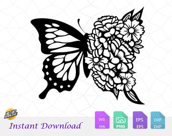 Floral Butterfly SVG, Wildflower, Sunflower, Daisy Cut File (svg, png, dxf, eps)