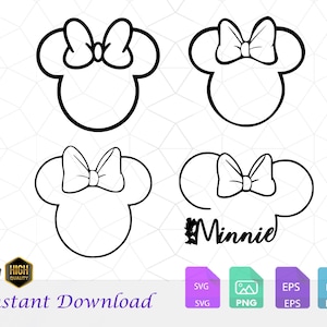 Contour de Minnie Mouse, téléchargement immédiat, fichier numérique, svg, png, eps, dxf, clipart, pour silhouette cricut et autres logiciels de découpe