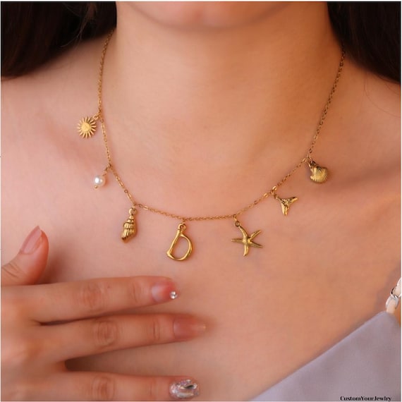 Personalized Initial Gold Necklace Beach Jewelry Surfer Girl