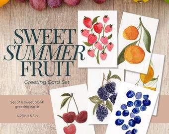 May include: Set of six blank greeting cards featuring watercolour illustrations of summer fruits. The cards are 4.25 inches by 5.5 inches and include images of strawberries, oranges, blueberries, blackberries, and cherries.