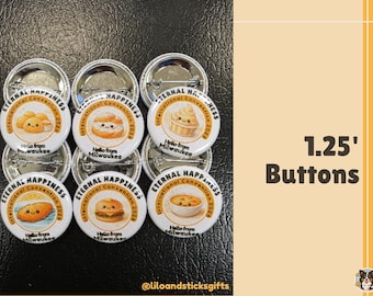 May include: A collection of 1.25-inch round buttons with a white background and various food illustrations. Each button features the text "Eternal Happiness International Convention 2024" and "Hello from Milwaukee."