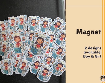May include: A collection of stickers featuring cartoon chefs, both male and female, holding recipe books and hearts. The stickers include text in Spanish. The word "Magnet" is displayed in the image, along with the text "2 designs available: Boy & Girl."