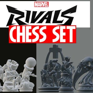 May include: A Marvel Rivals Chess Set with black and white chess pieces. The chess pieces are sculpted in the likeness of Marvel characters. The chess board is not shown in the image.