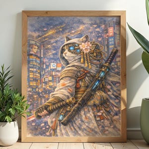 Cyber Ninja Cat in a Futuristic Japanese City | Night Fantasy Landscape Puzzle | Available in 120 252 500 Pieces, Difficulty Level 4