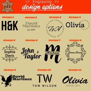 May include: A beige graphic with eleven design options for engraving. The designs include names, initials, and dates in various fonts. The text "design options" is above the designs, and the Pure Hide Leather logo is in the upper left corner.