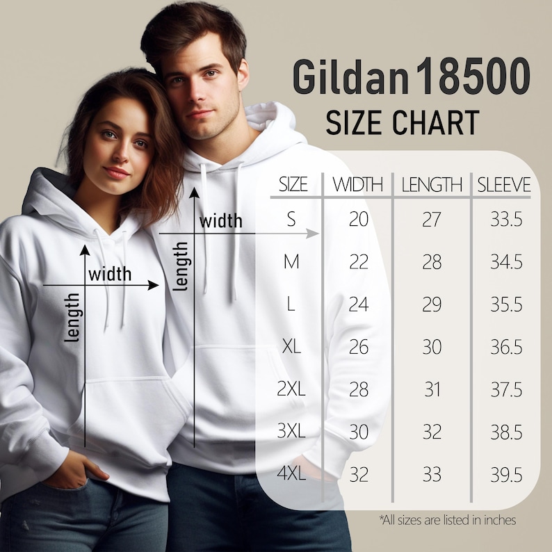 K&ouml;nnte beinhalten: Eine Gr&ouml;&szlig;entabelle f&uuml;r Gildan 18500 Hoodies, mit einem Paar in wei&szlig;en Kapuzenpullovern. Die Tabelle zeigt die Gr&ouml;&szlig;en S bis 4XL, mit Ma&szlig;en in Zoll f&uuml;r Breite, L&auml;nge und &Auml;rmell&auml;nge. Der Text "All sizes are listed in inches" steht unten.