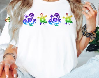 Polynesian Turtle Flower Shirt: Rainbow Tribal Island Tee