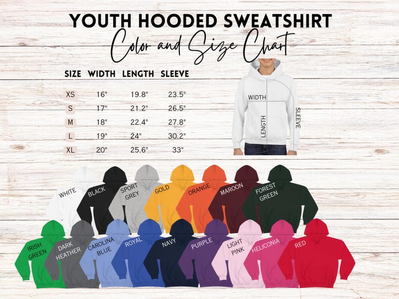 May include: A chart for youth hooded sweatshirts, displaying size, width, length, and sleeve measurements in inches. The chart includes a color palette with options like white, black, and red. A diagram illustrates how to measure the sweatshirt.