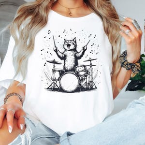 Funny Drummer Cat Shirt, Black Cat on Drums Music Tee, Rock Band Cat Gift, Music cat shirt, cat lover shirt, cat mom shirt, drumming cat tee