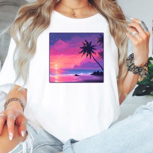 Tropical Sunset Beach T-Shirt: Retro Palm Tree Vacation Tee