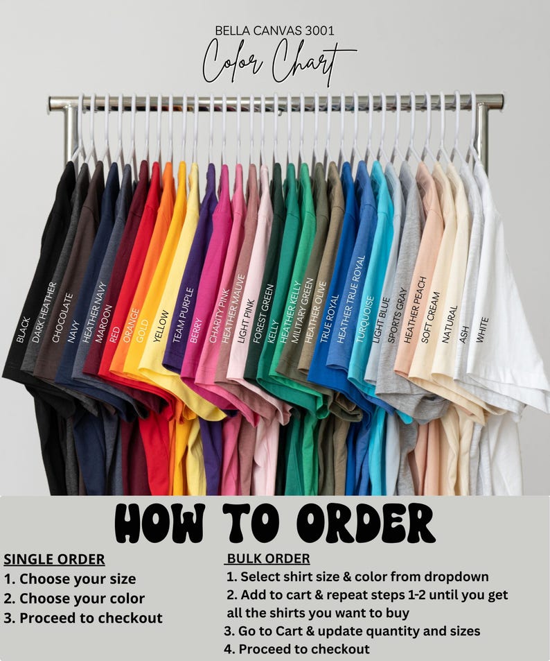 May include: A color chart of Bella Canvas 3001 t-shirts in various colors, including black, navy, red, yellow, and white, hanging on a metal rack. The text "Color Chart" and "How to Order" are also visible.