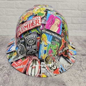 Plumber Sticker Bomb Custom Hydro Dipped Full Brim Hard Hat, Helmet