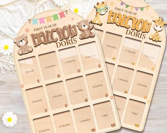 Letrero personalizado con foto de mi primer año / Letrero personalizado con nombre de mi primer año, tablero de madera para hitos de un año, decoración para fiesta de primer cumpleaños