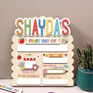 Letrero personalizado para el primer día de clases, letrero de regreso a clases, letrero reutilizable para el primer día de clases de jardín de infantes, letrero personalizado para el primer día de clases.
