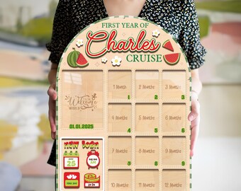 Personalized Melon Baby First Year Photo Frame | 12 Month Milestone Board with Birth Stats | Girl Newborn Gift | Custom Nursery Wall Decor