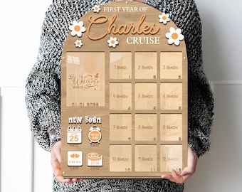 May include: Wooden milestone board with the text "First Year of Charles Cruise" and daisy accents. Includes spaces for photos and monthly milestones. Features the text "Welcome to the World" and baby's birth details: date, time, weight, and height (21 inches).