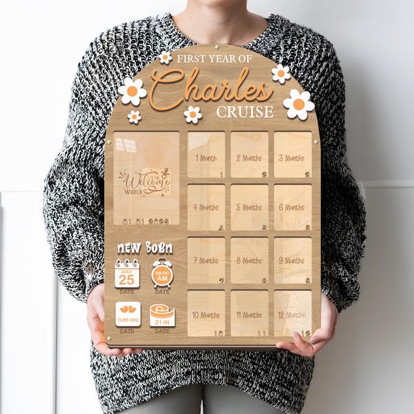 Personalized Floral Baby First Year Photo Frame | 12 Month Milestone Board with Birth Stats | Girl Newborn Gift | Custom Nursery Wall Sign