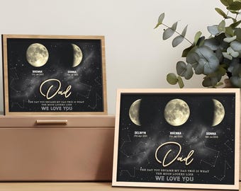 Personalized Moons Phase Frame with Kids Names, Custom Moons Phase Print Frame, Father’s Day Gift, Gift for Dad, The Day You Were Born Gift