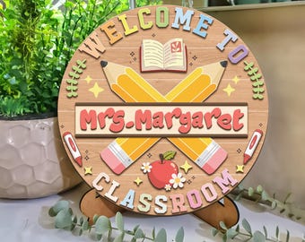 Aangepaste naambord leraar, cadeau leraar klas | Gepersonaliseerde houten deurbord leraar klaslokaal | Kleurrijke lerarencadeaus klaslokaaldecoratie