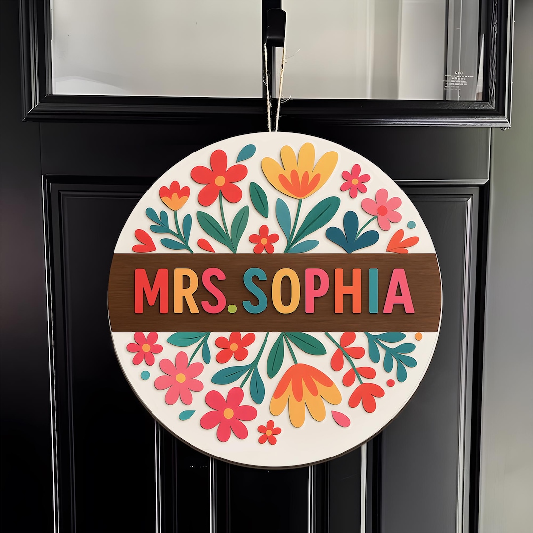 Custom 3D Teacher Door Hanger, Gift for Teacher, Floral Teacher Name ...