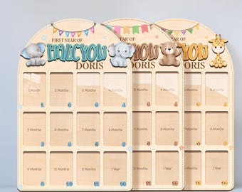 Letrero personalizado con foto de mi primer año / Letrero personalizado con nombre de mi primer año, tablero de madera para hitos de un año, decoración para fiesta de primer cumpleaños