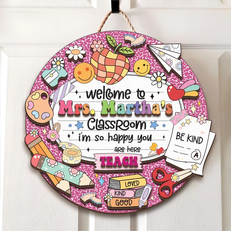 Personalized Welcome Classroom Sign – Custom Round Teacher Door Hanger ...