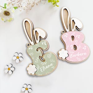 Etiqueta de nombre de conejito de Pascua personalizada, etiqueta de letras de madera 3D personalizada, amuleto de nombre de canasta de primavera para niños, lindo conejito, regalo para niños, tarjeta de Pascua