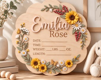 May include: A scalloped wooden birth announcement sign featuring the name Emilia Rose in raised lettering. The board includes fields for date, time, weight in lbs and oz, and length, decorated with 3D sunflowers, daisies, and butterflies.