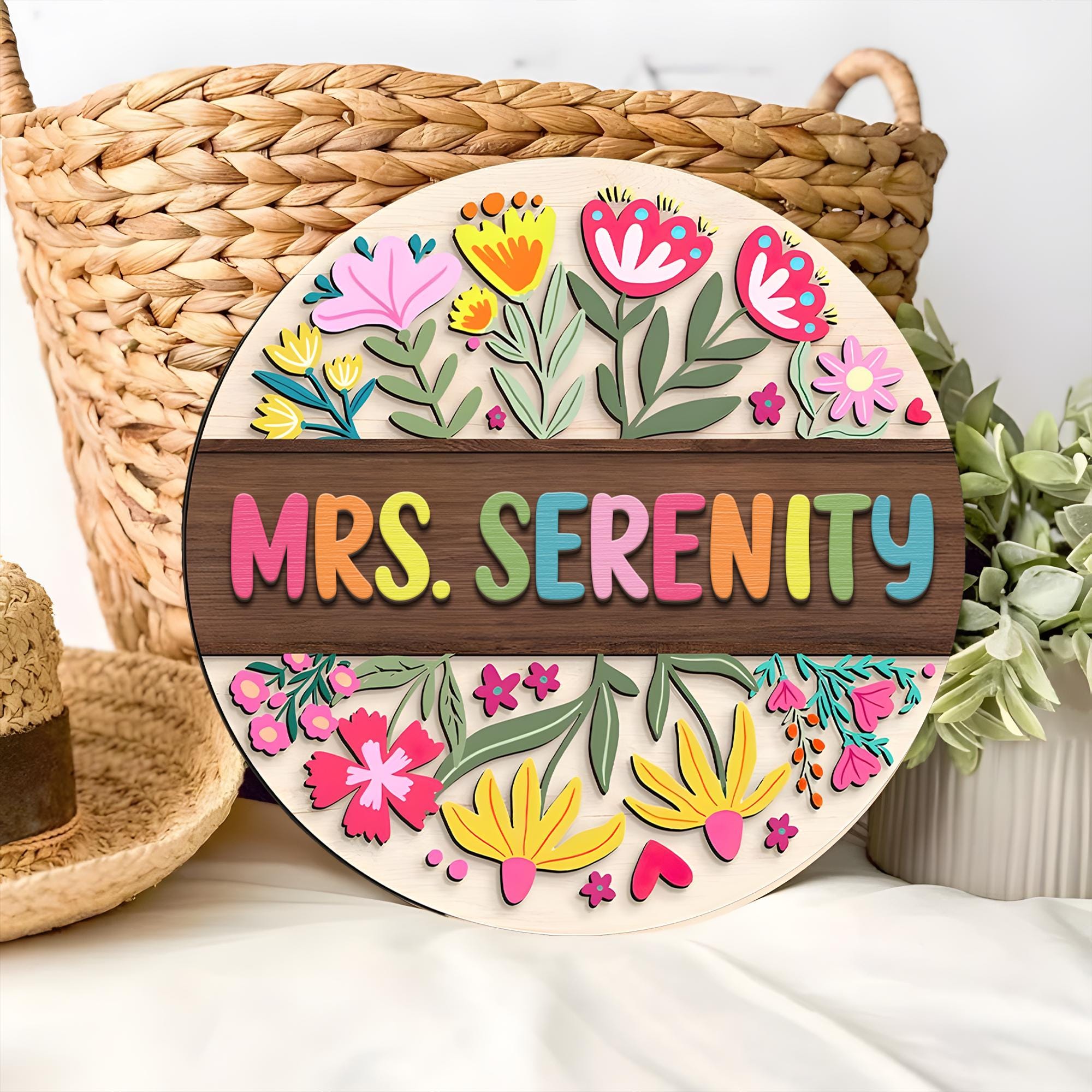 Custom 3D Teacher Door Hanger, Gift for Teacher, Floral Teacher Name ...