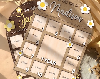 May include: Wooden milestone photo frame with a daisy theme. The frame is designed to display photos from 1 to 12 months. The frame includes the text "ONE YEAR OF Madison" and the date and time of birth. The frame is 20.5 inches.