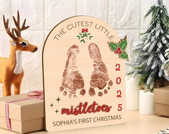 DIY Footprint Art, Baby's First Christmas, Mistletoes Sign, Wooden Kids Craft, Custom Children's Keepsake, Personalized Baby Christmas Decor
