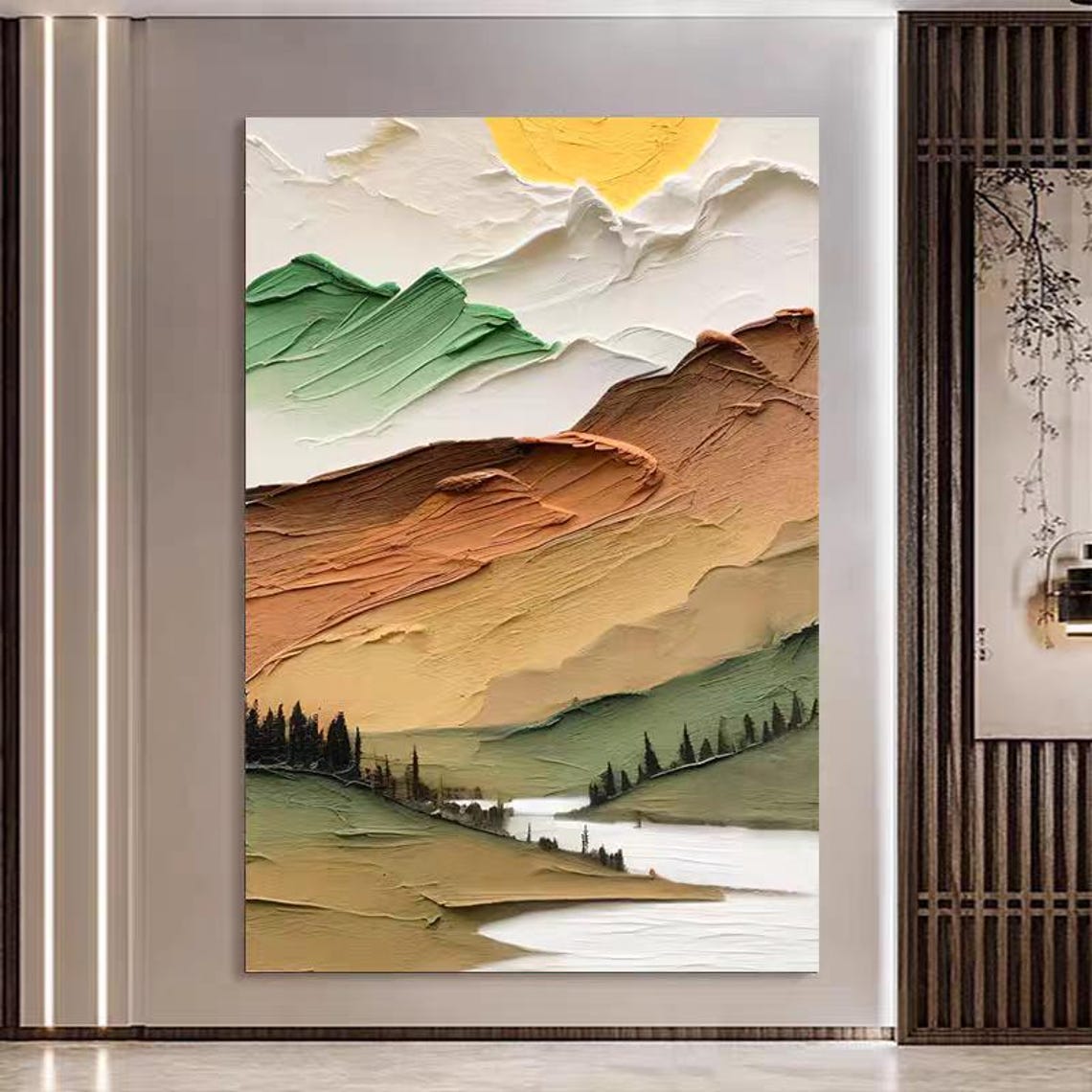 3D Scenery Oil Painting on Canvas, Original Green Brown Mountain River ...
