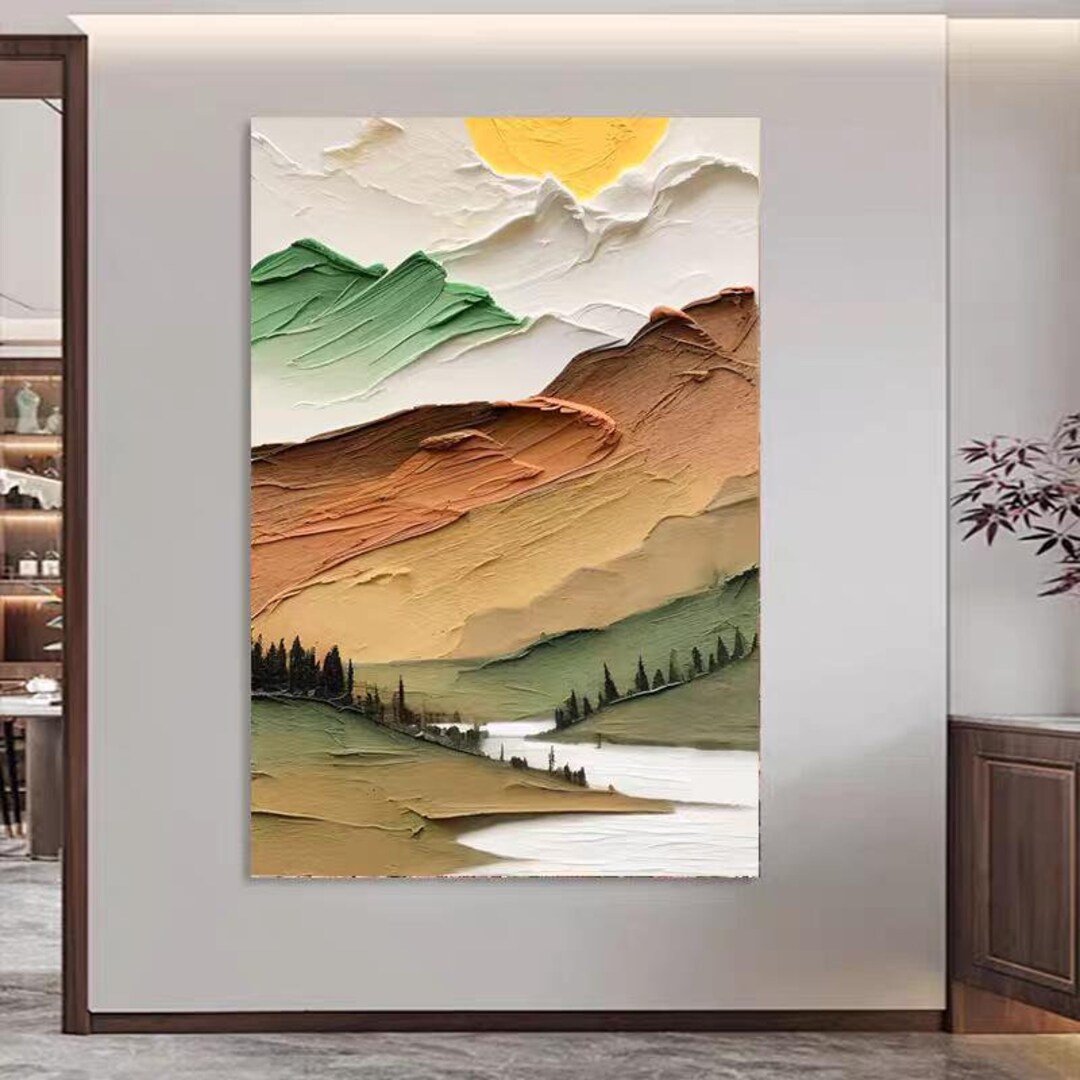 3D Scenery Oil Painting on Canvas, Original Green Brown Mountain River ...