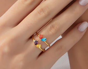 14k Gold Heart Shaped Birthstone Ring, Personalized 2 Birthstone Ring, Custom Heart Birthstone Ring, Double Birthstone Jewelry for Her