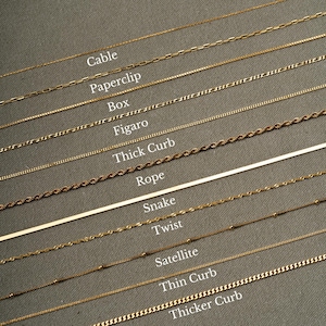 May include: A close-up of 12 different gold chain styles, labeled with their names: Cable, Paperclip, Box, Figaro, Thick Curb, Rope, Snake, Twist, Satellite, Thin Curb, and Thicker Curb.