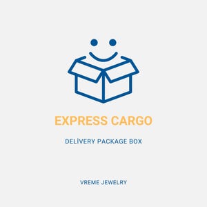 May include: A blue line drawing of an open box with a smiling face above it. The text "EXPRESS CARGO" is in orange below the box, and the text "DELIVERY PACKAGE BOX" is in gray below the orange text. The text "VREME JEWELRY" is in gray at the bottom of the image.