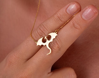 14k Gold Dragon Necklace, Dragon Pendant, Fantasy Necklace, Dragon Charm Necklace, Flying Dragon Necklace, Goth Necklace, Medieval Jewelry