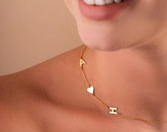 Gold Initial Necklace, Sideaway Letter Necklace, Custom Name Necklace, Personalized Letter and Symbol Necklace, Christmas Gifts for Her