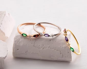 Anel personalizado com pedra de nascimento para a família, anel com várias pedras para mulheres, anel com pedra de nascimento empilhável, anel delicado com pedra de nascimento, presentes de Natal para a mãe
