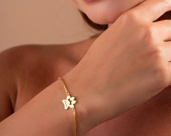 14K Gold Pet Name Bracelet, Engraved Paw Print Bracelet, Gift for Pet Lovers, Pet Memorial Gift, Animal Friendly Jewelry, Christmas Gift
