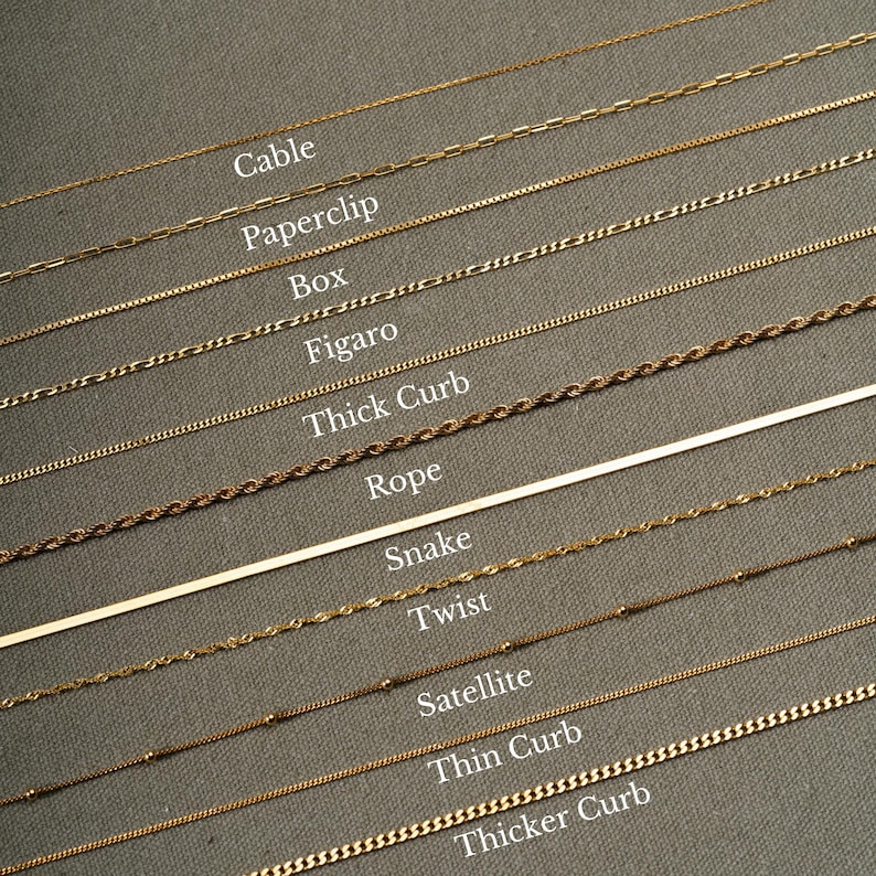 May include: A close-up of 12 different gold chain styles, labeled with their names: Cable, Paperclip, Box, Figaro, Thick Curb, Rope, Snake, Twist, Satellite, Thin Curb, and Thicker Curb.