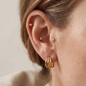 May include: Close-up of an ear displaying various gold earrings. The ear has small stud earrings and triple hoop earrings. The earrings are gold, adding a touch of elegance. The image shows a selection of ear jewellery.