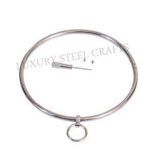 Könnte beinhalten: Eine silberne Metall-Choker-Halskette mit einem runden Ring. Die Halskette ist verstellbar und wird mit einem kleinen Schraubendreher und zwei Schrauben geliefert.