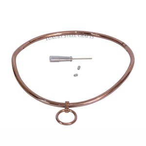 Op de afbeelding: Roze gouden metalen choker ketting met een ronde ring eraan bevestigd. De ketting is gemaakt van dik, glad metaal en heeft een gepolijste afwerking. De ring is met een kleine schroef aan de ketting bevestigd.
