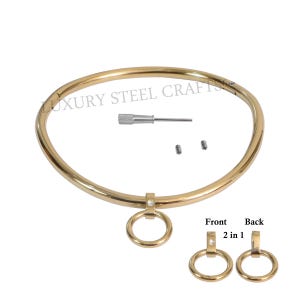 May include: Gold-toned stainless steel choker necklace with a small ring on the front and a removable ring on the back. The necklace comes with a screwdriver and two screws for assembly.