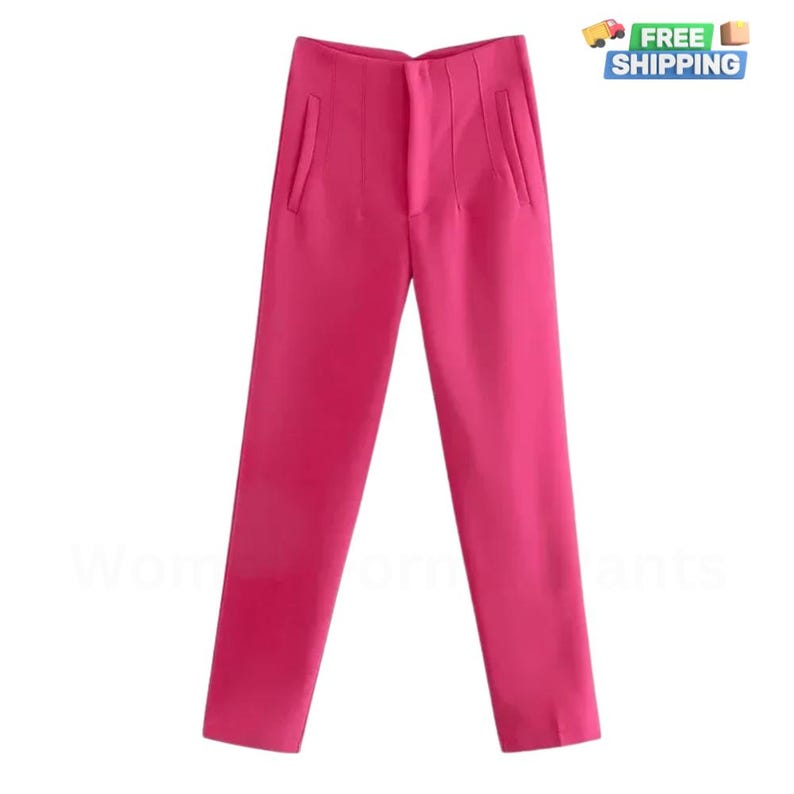 May include: A pair of bright pink pants with a high waist and straight legs. The pants have two front pockets and a button closure.