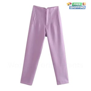 May include: A pair of light purple pants with a high waist and a straight leg.